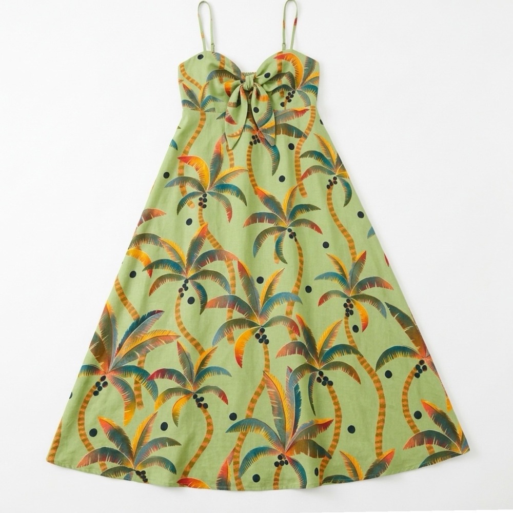 Farm Rio Anthropologie Linen Dress Women M Green Tropical Palm Tree Tie Front